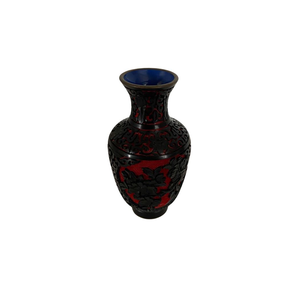 VTG Chinese Cinnabar Lacquer Vase Black Red Carved 6.5” Floral